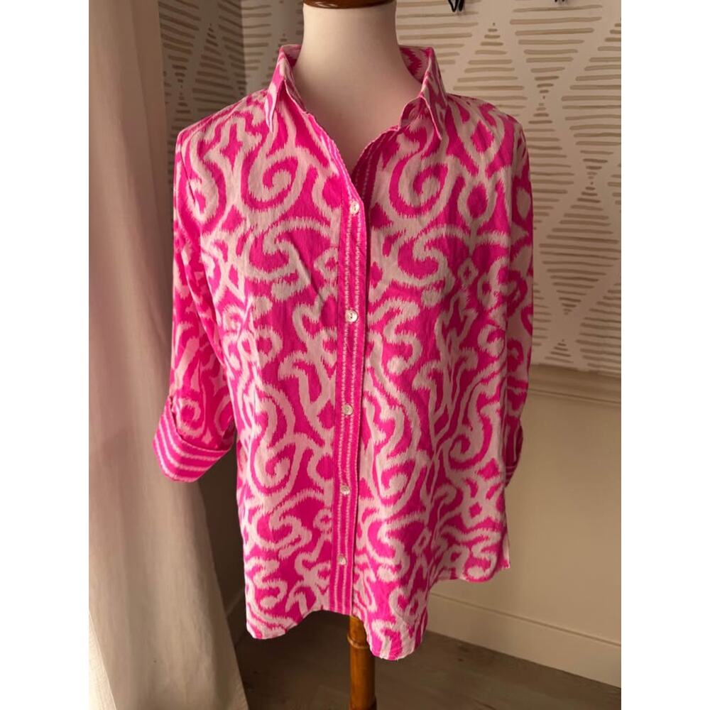 Gretchen Scott Women’s Large Pink Arabesque Ikat Print Boyfriend Shirt - Picture 2 of 8